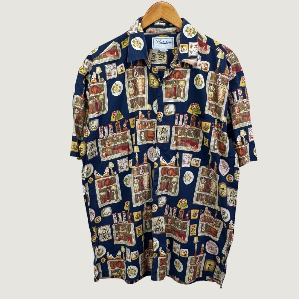Kalaheo Hawaiian Shirt Large Blue Cotton Lawn Tiki Novelty Print Made in USA